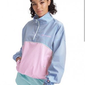 Champion seersucker cropped half zip windbreaker pop over pink and blue